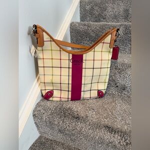 Coach Heritage Stripe Tattersall Plaid Hobo Shoulder Bag